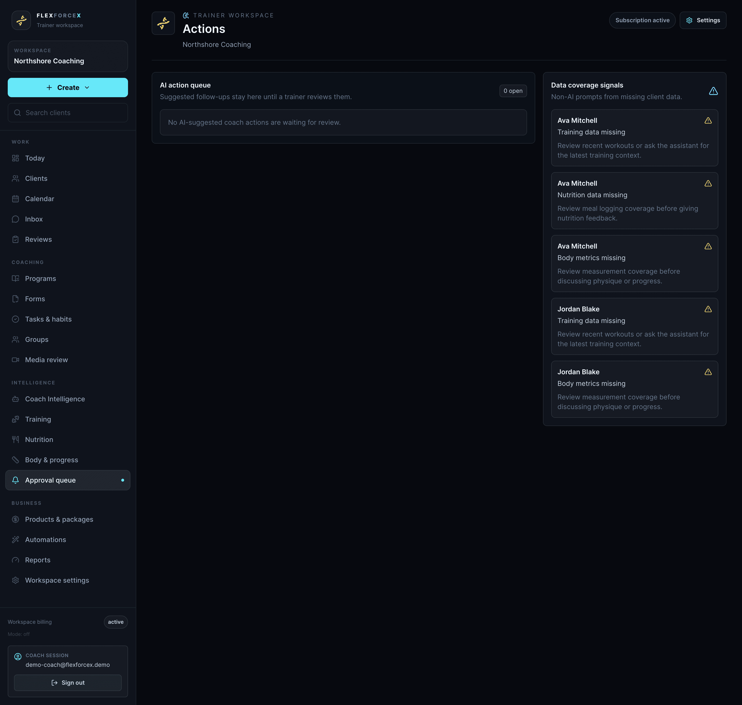 Approval queue containing AI-drafted client actions awaiting coach review