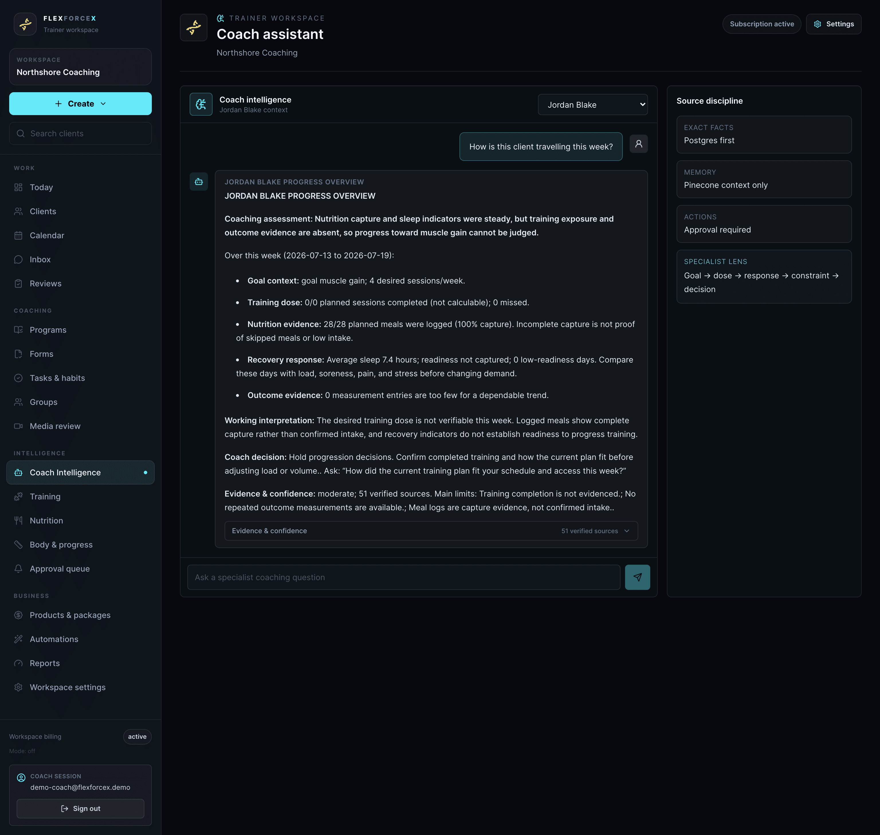 Coach Intelligence answer showing evidence, confidence and known limitations