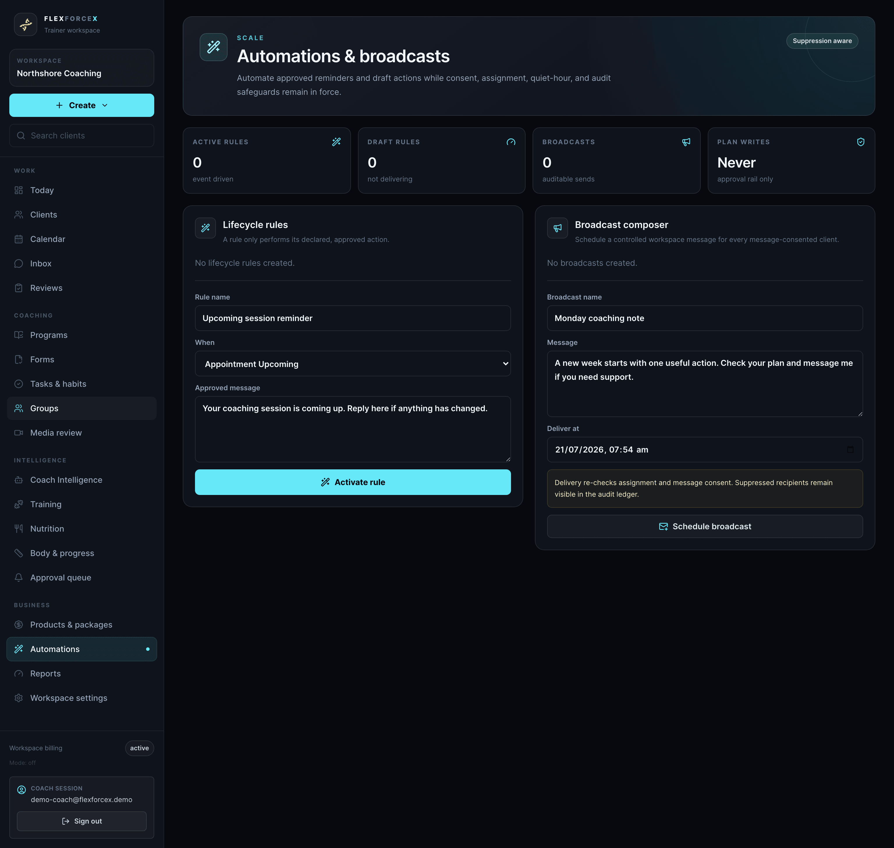 Automations and broadcasts screen with lifecycle rules and message composer
