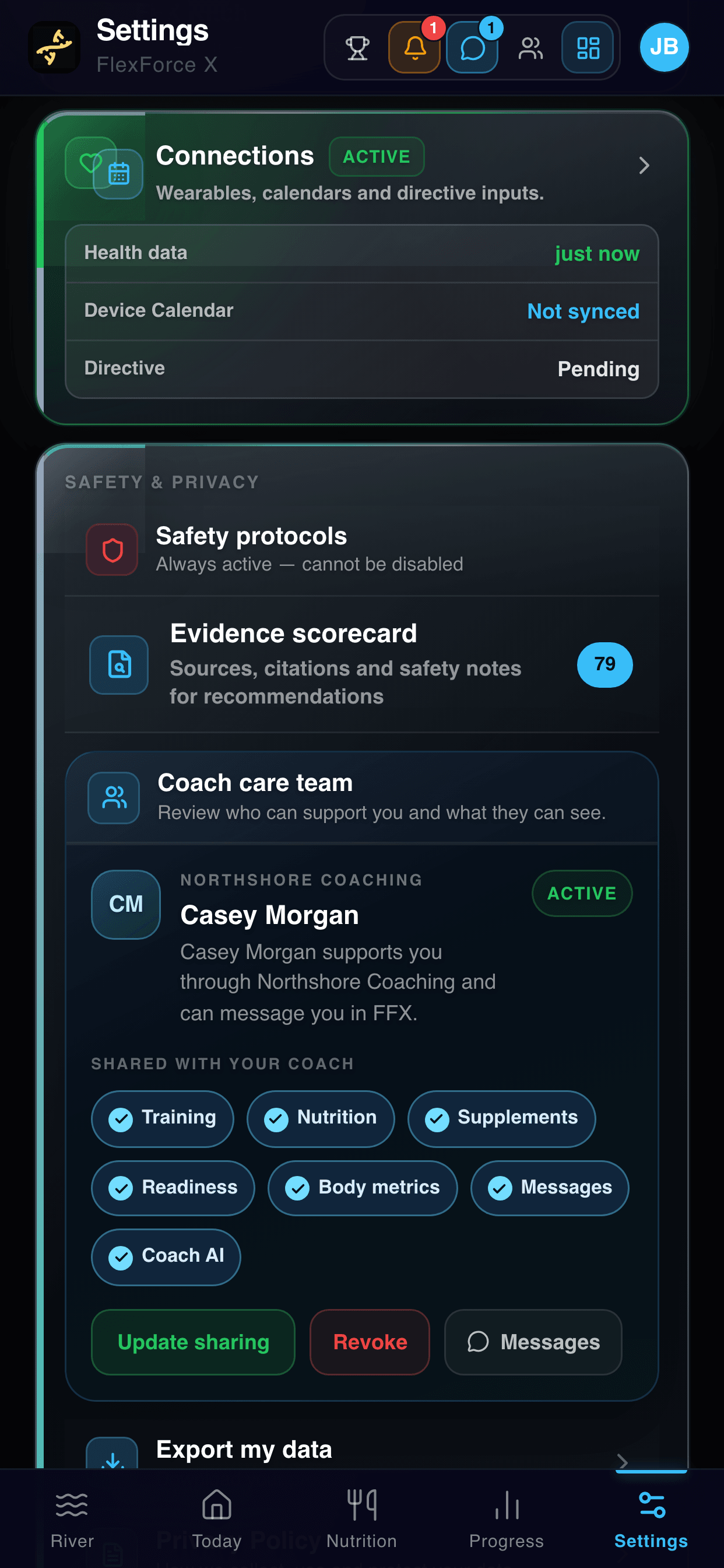 FlexForce X Coach care team screen with individual client sharing controls