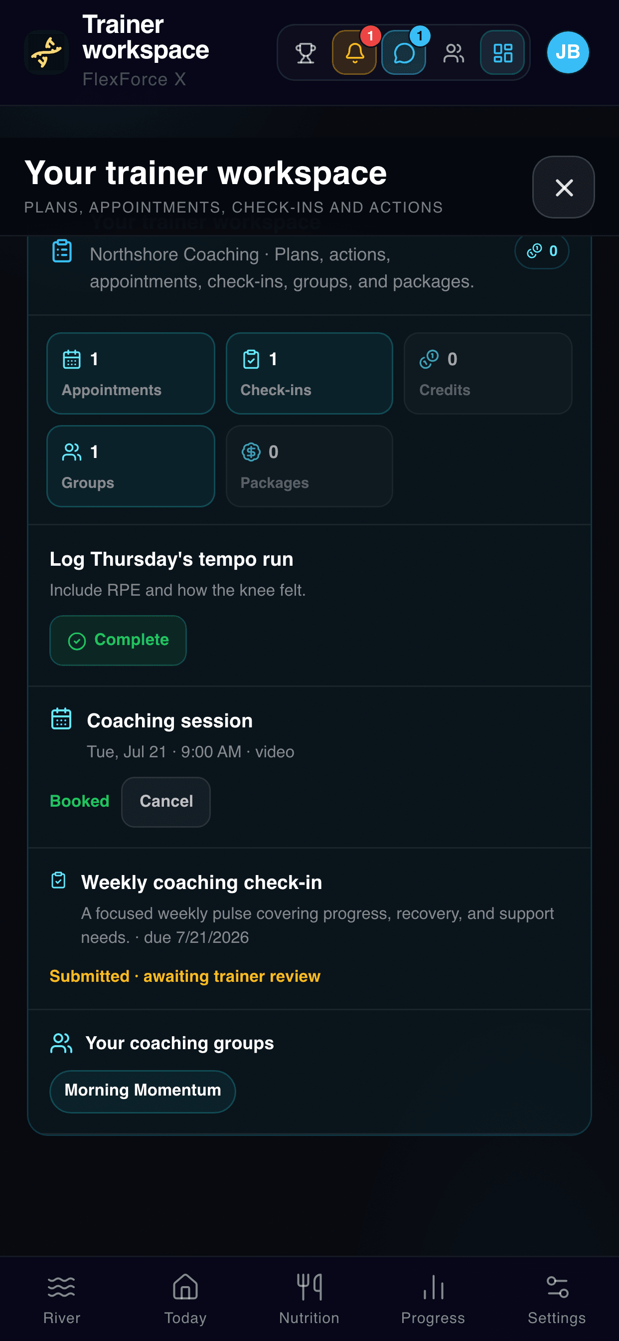FlexForce X client Trainer workspace screen with appointments, check-ins and actions