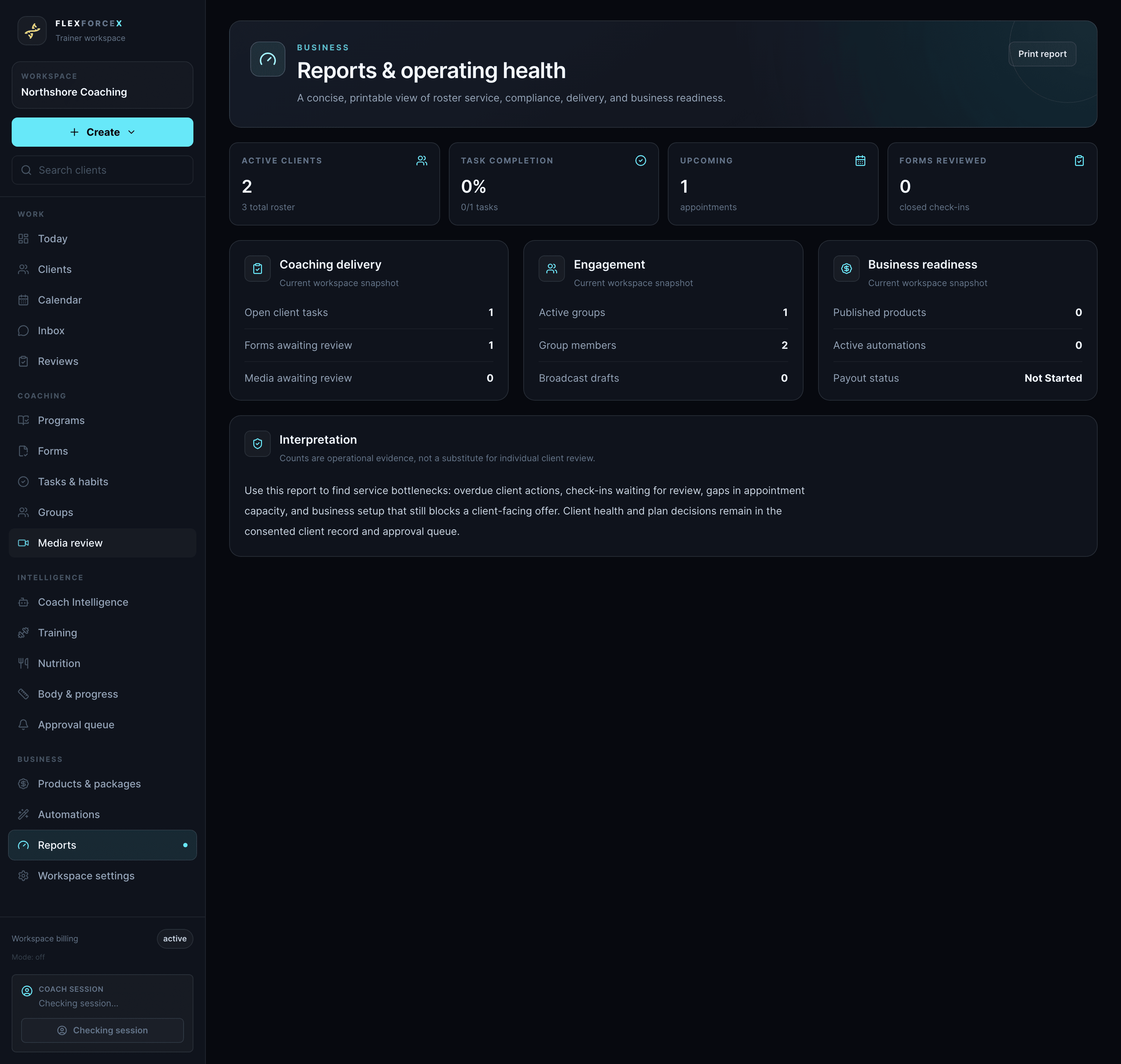 Reports and operating health screen for coaching delivery and business readiness