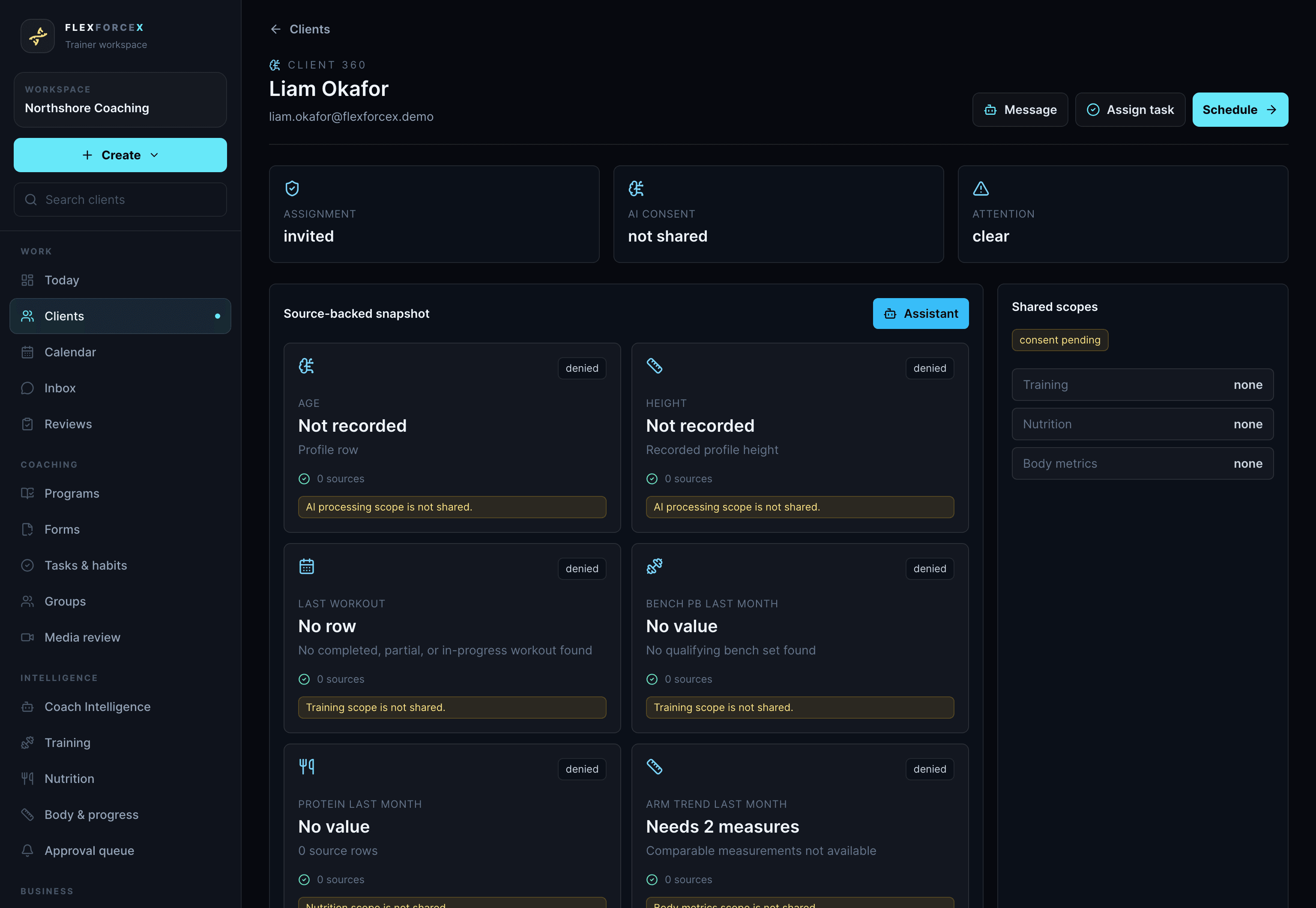 Client 360 page with consent scopes, shared snapshots and coach actions