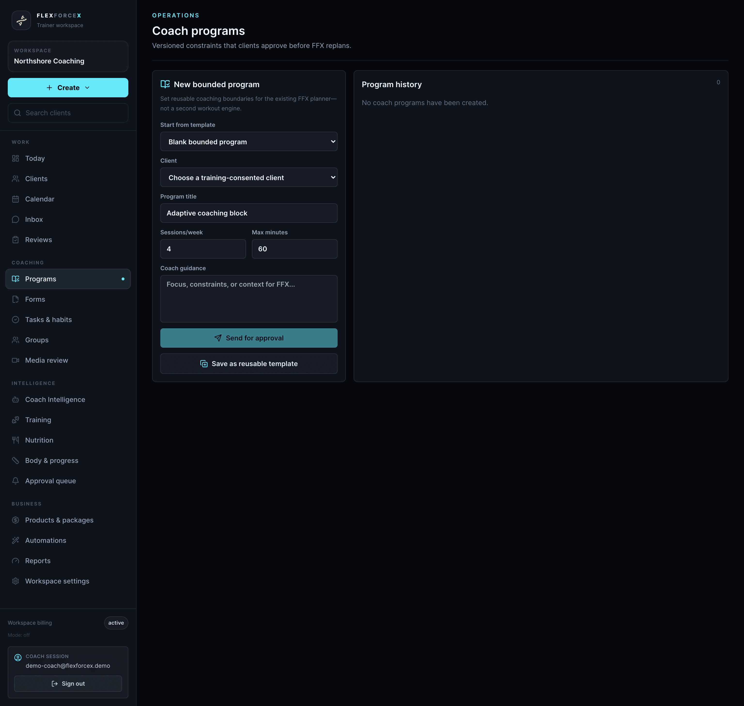 Coach programs screen for setting bounded weekly training constraints