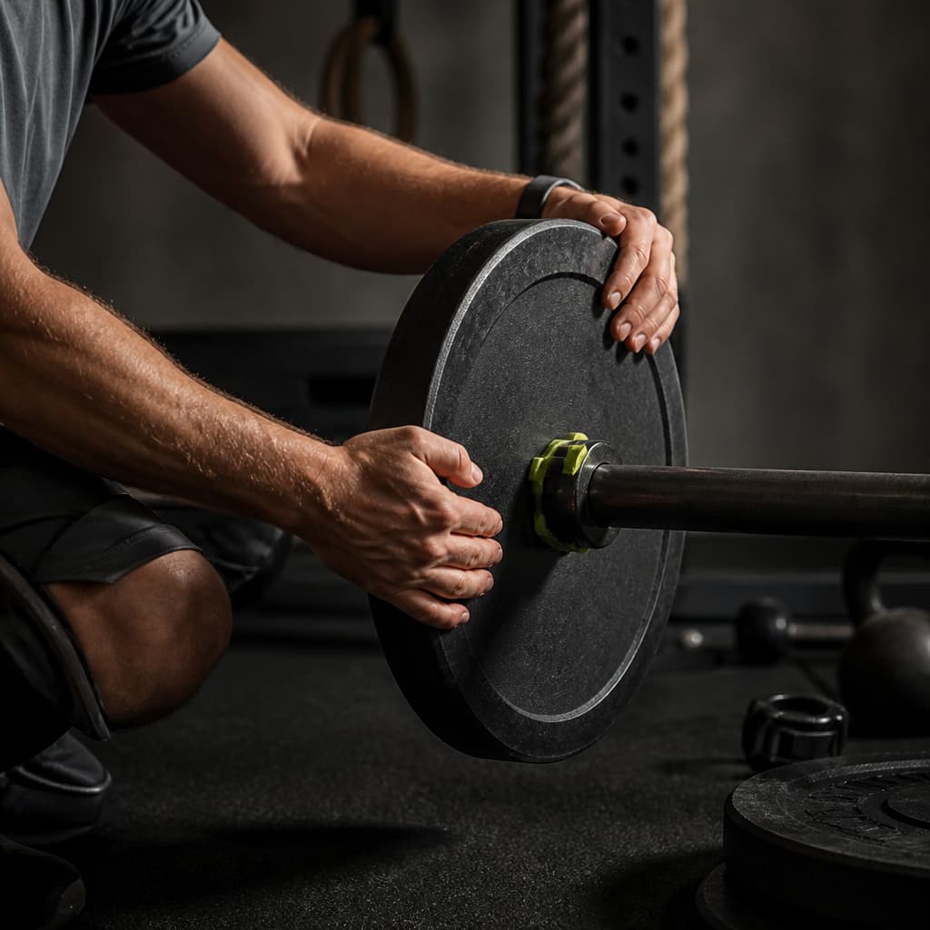 Hands preparing a barbell while accessory equipment remains unused