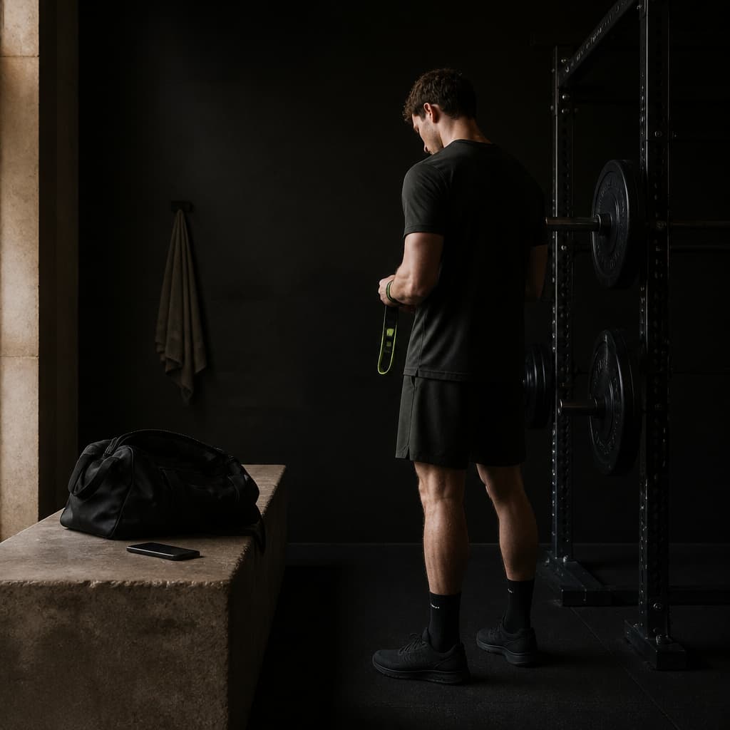 Lifter beside a squat rack with limited time before training