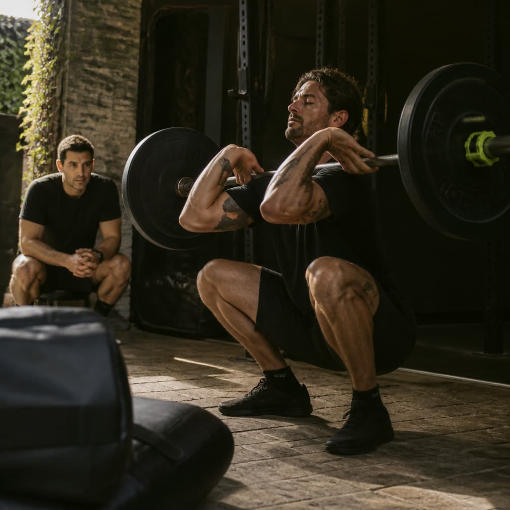 Coach observes an athlete completing a controlled warm-up repetition.