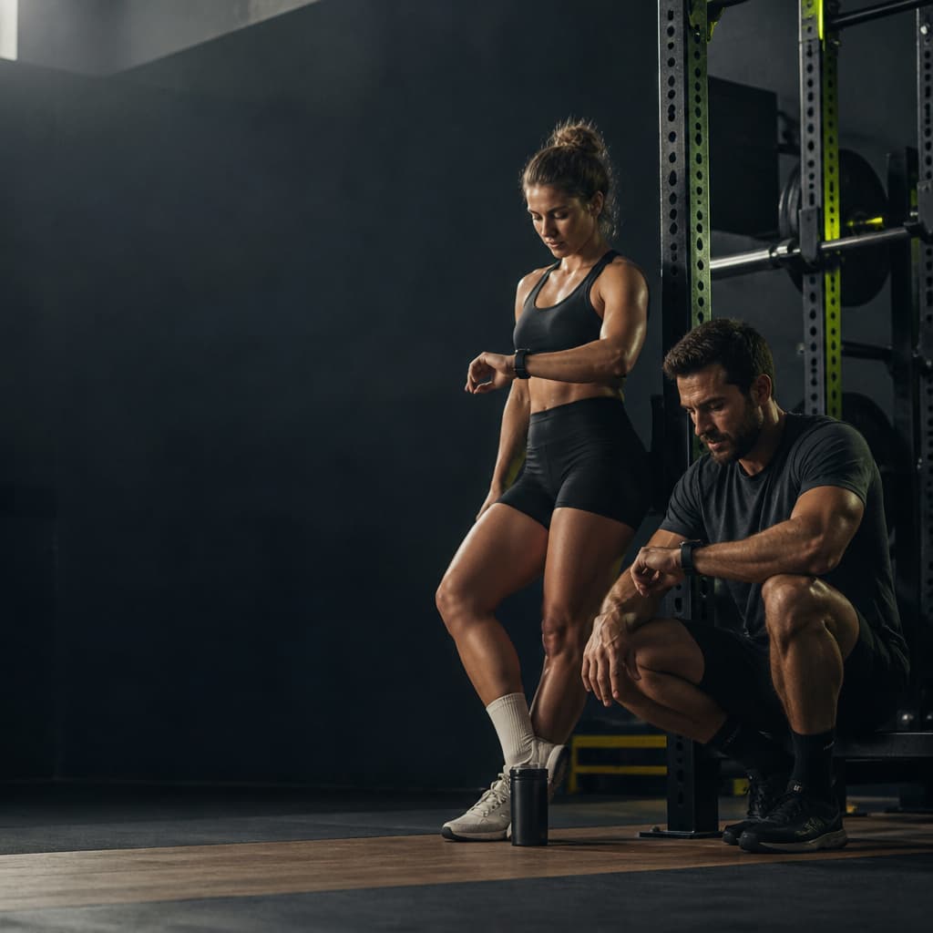 Athlete and coach pause beside a squat rack while considering information from a wearable.
