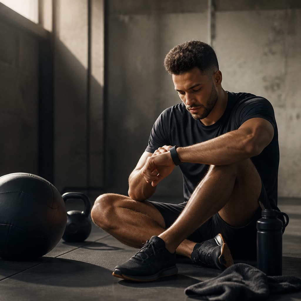Athlete checking a wearable beside training equipment.
