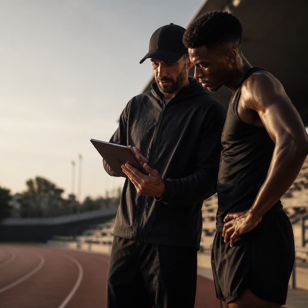 Elite runner and coach reviewing training information beside a track.