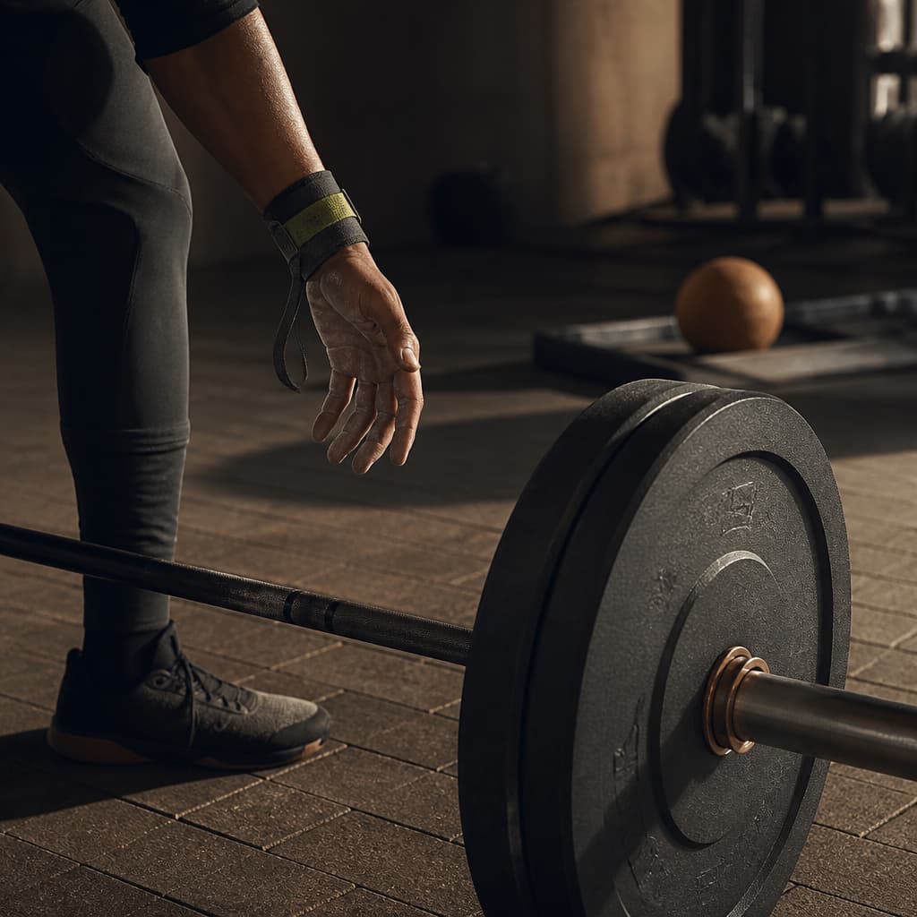 Athlete releasing a barbell after a warm-up in a charcoal and warm-stone training space.