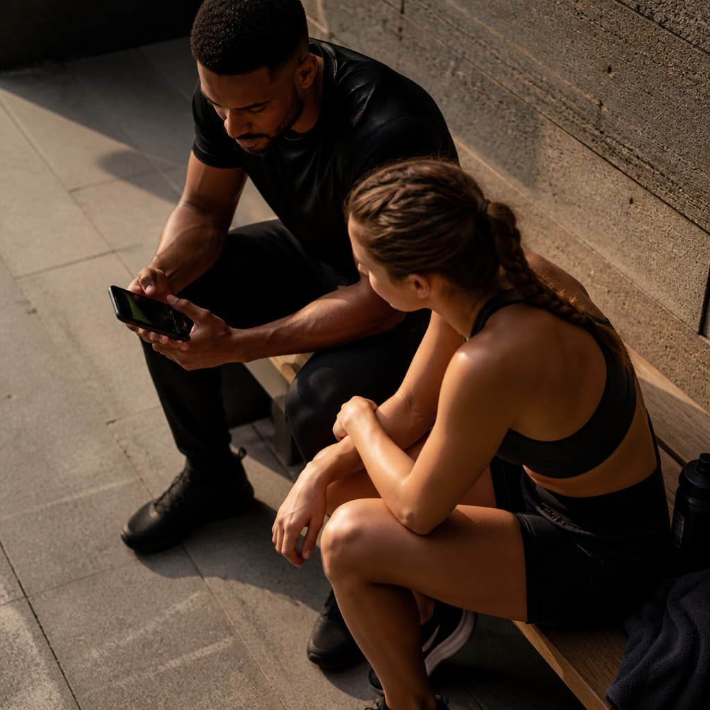 Coach and athlete calmly discussing an unreadable phone screen beside a training bench.