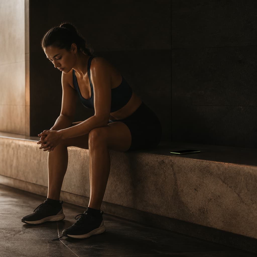 Athlete sitting before a training session with a face-down phone beside them in a dark, restrained gym setting.