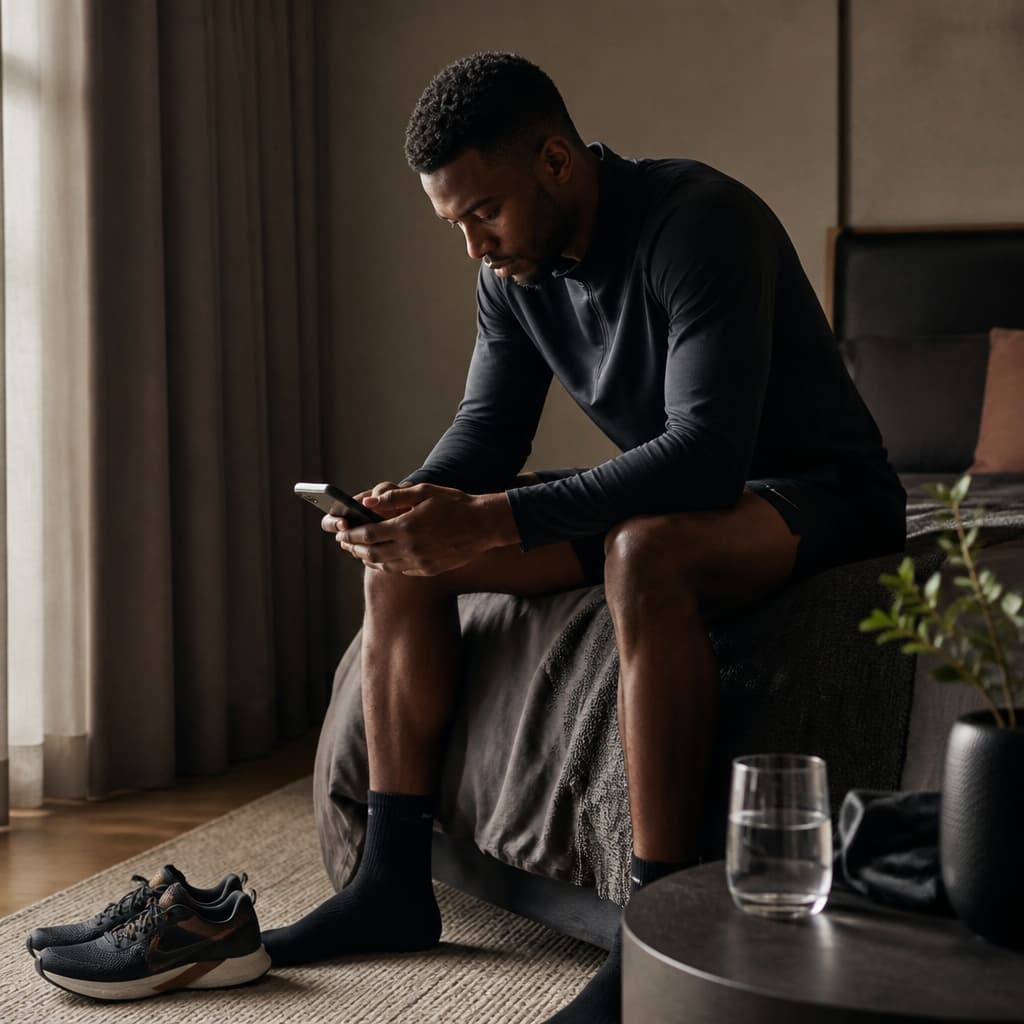 Athlete pausing to consider recovery before a workout.