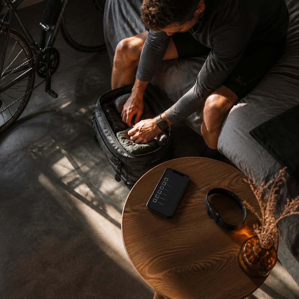 Traveller preparing to measure HRV consistently after travel.