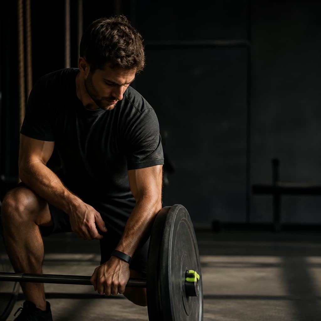 An athlete performs a controlled barbell warm-up in a dark training space.