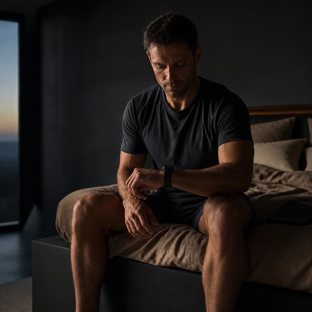 An alert athlete seated on a bed looks at a wrist wearable in a dark, warm-toned room.