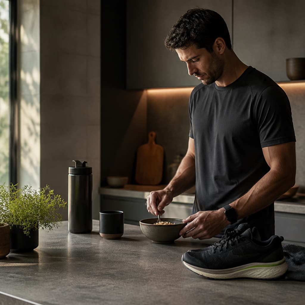 An athlete preparing a simple meal in a quiet kitchen before training.