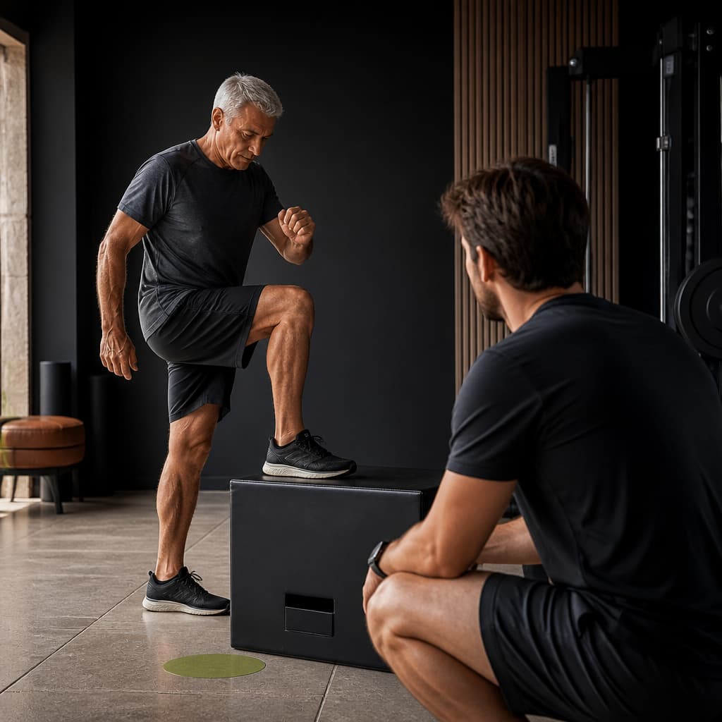 Older athlete performing a coached step-up in a restrained training studio.