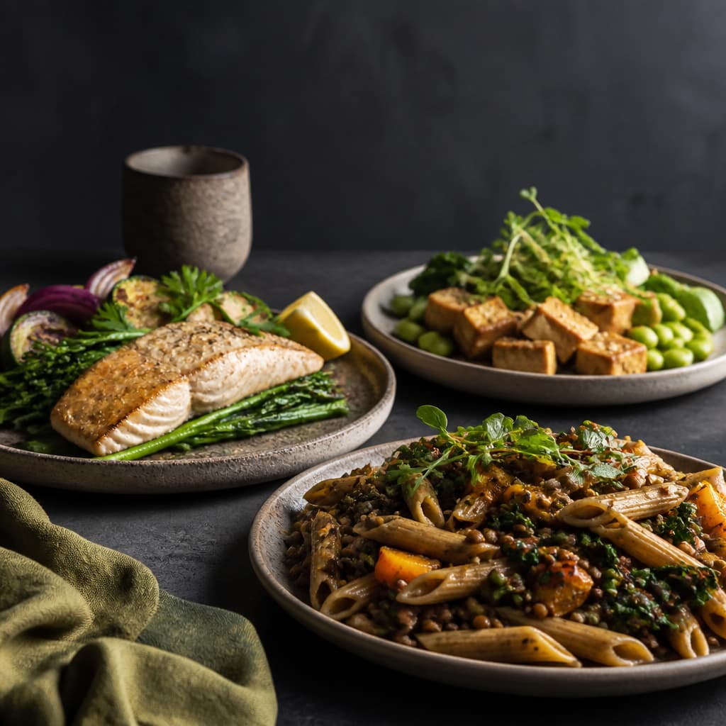 Three varied protein-containing meals presented on warm-stone plates against a deep-charcoal background.