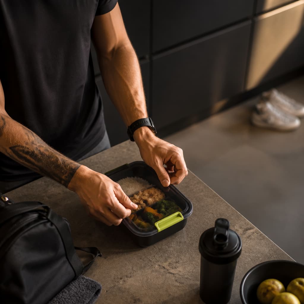 A strength trainee packing an accessible midday meal before work in a restrained dark-toned kitchen.