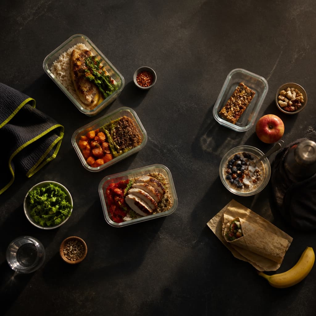 Two contrasting daily meal patterns arranged on a dark stone surface, showing similar quantities through different eating routines.