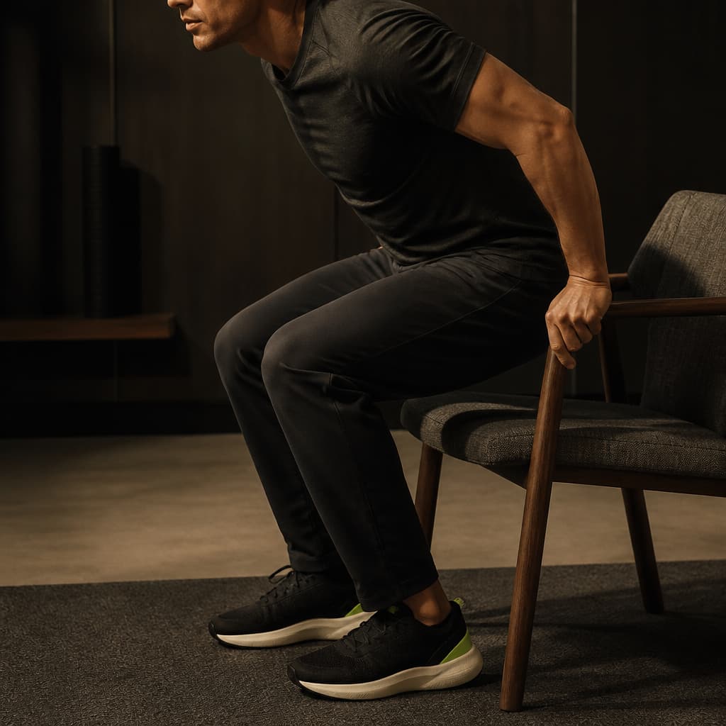 An adult completing a controlled chair-rise movement in a minimal training space.