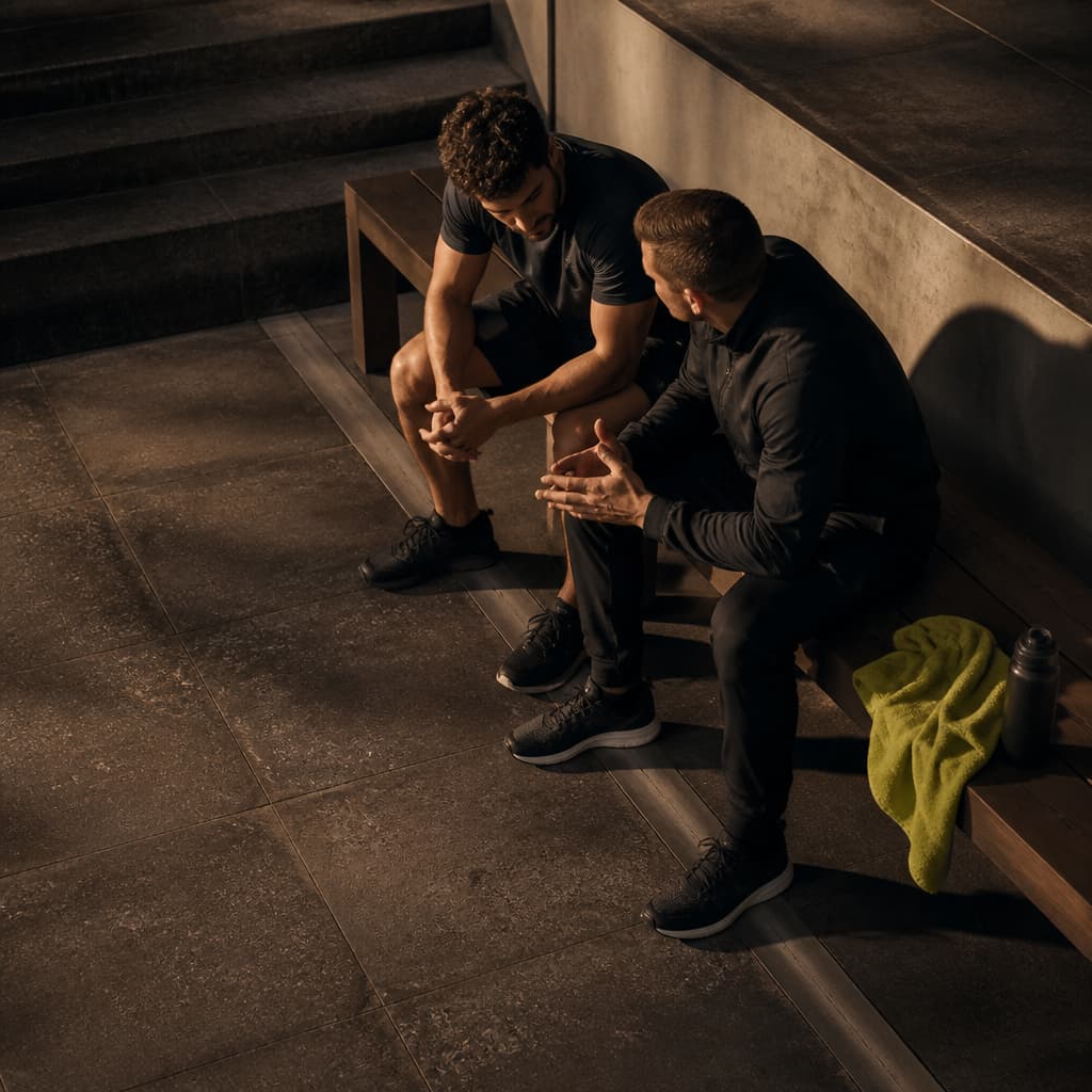 An athlete and coach discussing a resistance-training session beside a bench.
