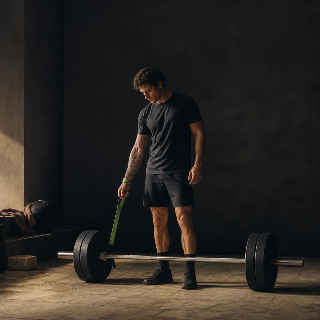 An adult athlete standing calmly beside a barbell in a dark, minimal training studio.