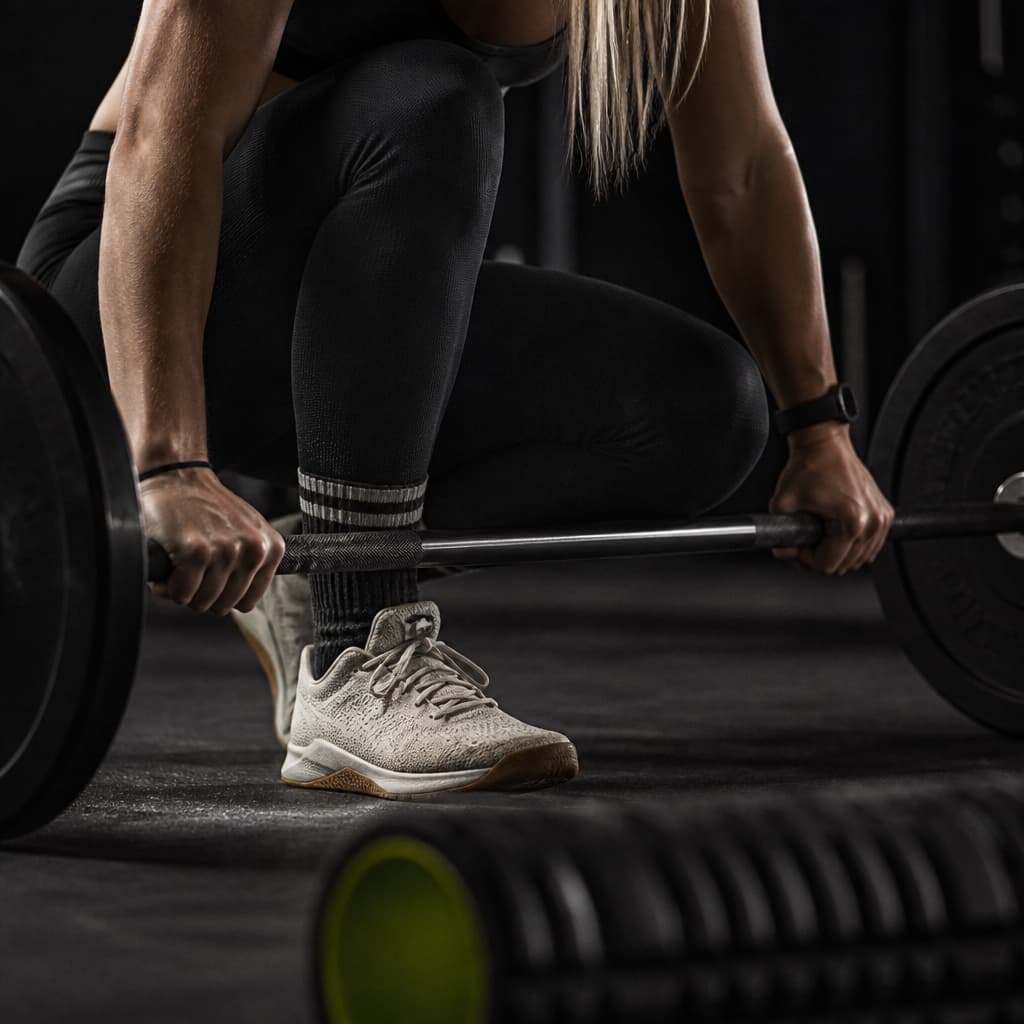 A close view of an athlete preparing a barbell for a controlled warm-up.
