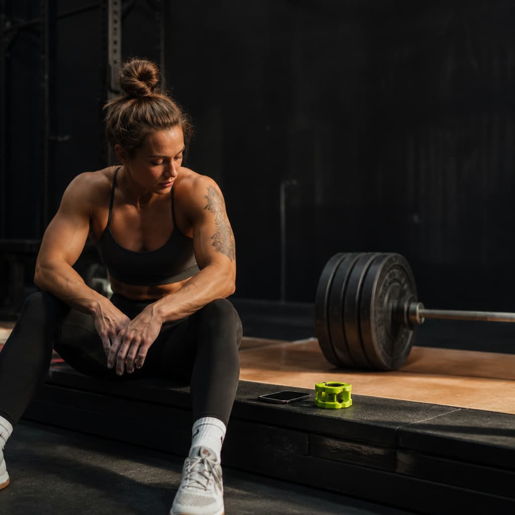 A strength athlete preparing calmly beside a squat platform in a dark, restrained training environment.