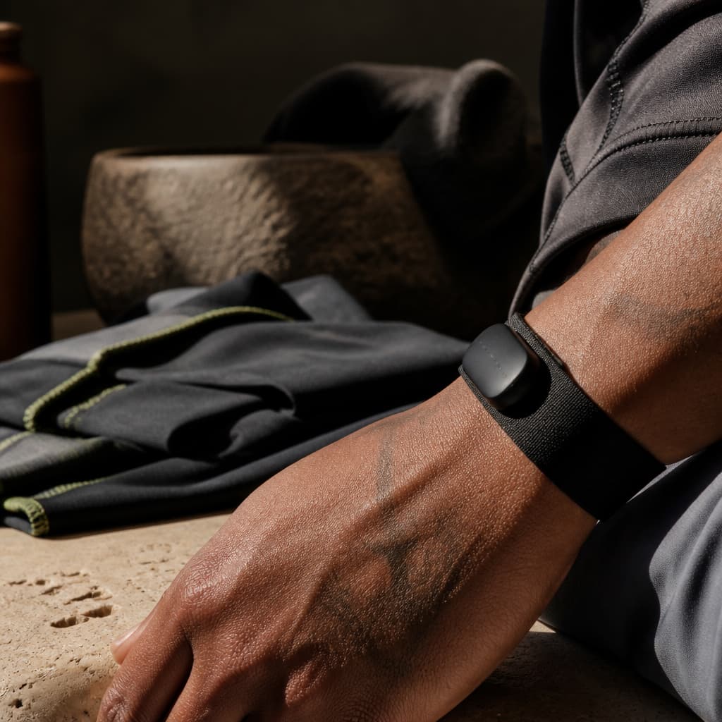 Close view of a wearable on a relaxed wrist beside folded training clothing.
