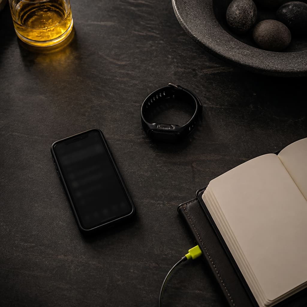Phone, wearable, blank notebook and charging cable arranged for a personal data audit.