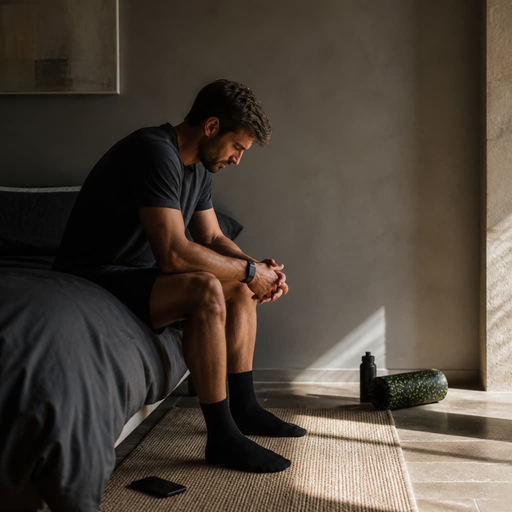 Athlete sitting quietly on a rest day with a wearable visible and a phone placed face-down nearby.